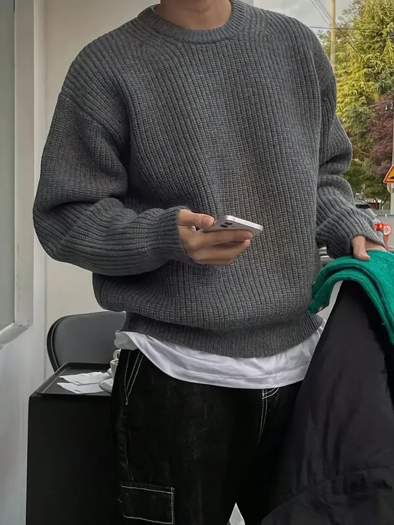 Pull en tricot unisexe décontracté à col rond et manches longues