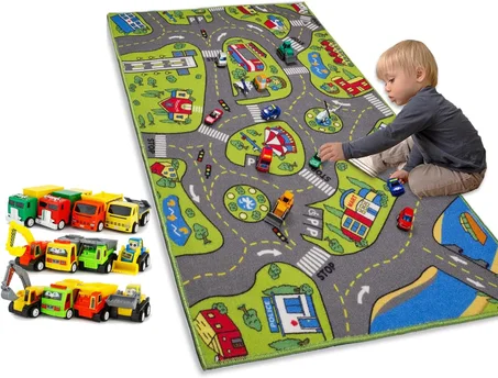 جادة لعب كبيرة للأطفال مقاس 32 × 52 بوصة مع ظهر مانع للانزلاق، سجادة لعب مستوحاة من الحياة المدنية للعب بسيارات الألعاب، سجادة صفية تعليمية للأطفال الرضع والصغار لتعلم قواعد المرور