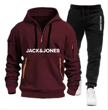 مجموعة أزياء الركض واللياقة البدنية المكونة من قطعتين للرجال في الخريف والشتاء، تتميز بسويت شيرت بغطاء للرأس وسراويل كاجوال