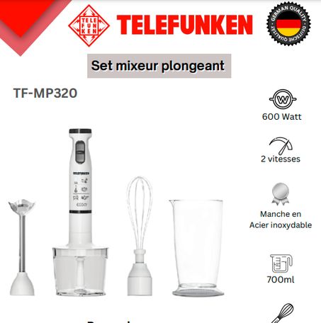 Telefunken Set mixeur plongeant 4en1 600W ames acier,hachoir fouet 700 ml