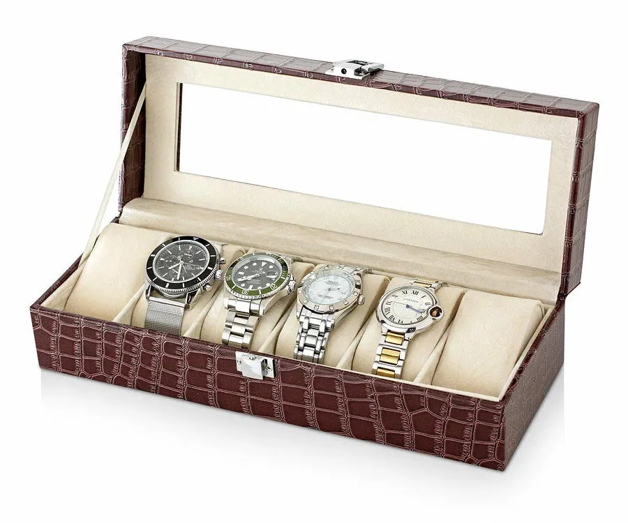 Boîte à Montres en Crocodile Marron - 6 Emplacements