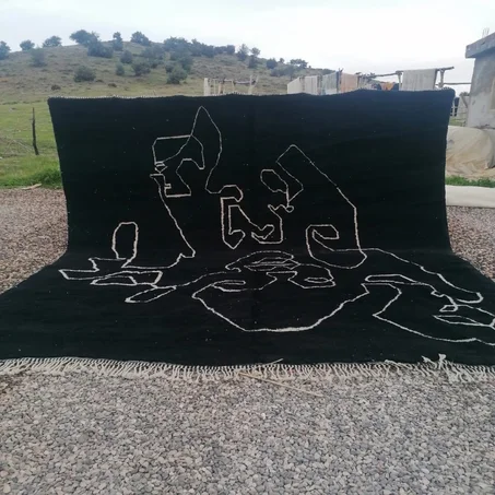 Black Moroccan Rug Abstract White Line Design Beni Mrir't Rug (ref: m069)