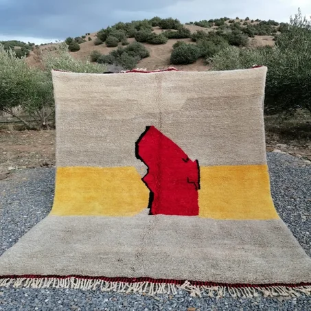 Moroccan abstract Rug- Taupe Background - sunrise Yellow & Cadmium Red patterns (ref: m077)