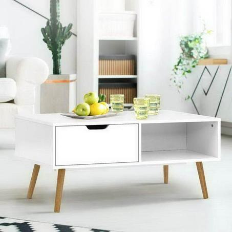 Table Basse Tiroir De Rangement Etagère Ouverte Pieds Bois Scandinave Blanc