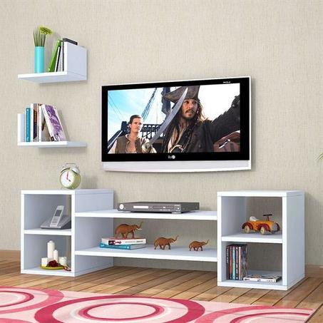 Meuble TV Blanc et étagères, Table TV avec rangements Decoomid