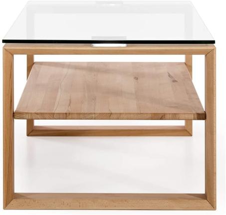 Table basse en bois massif à 1 étagère avec plateau en verre, 100 x 60 x 48 cm, verre/Bois