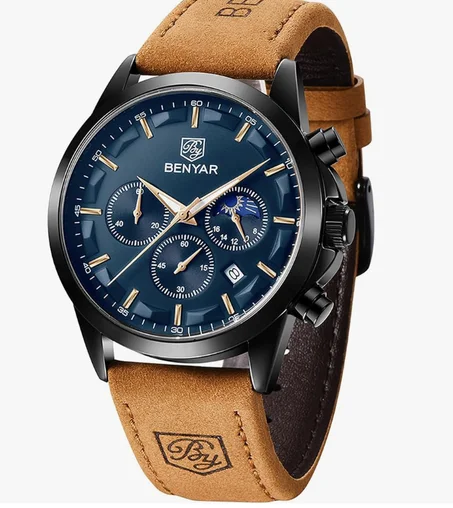 ساعة كرونوغراف للرجال مقاومة للماء حتى عمق 30 م، ساعات عصرية كلاسيك مضيئة بمينا كبير وعرض التاريخ، ساعة كوارتز بعرض انالوج للرجال من باي بنيار