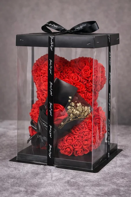 Boîte de Fleurs en Forme de Cœur et lours – Double Élégance & Amour Éternel 🌹 هدية حب على شكل دب