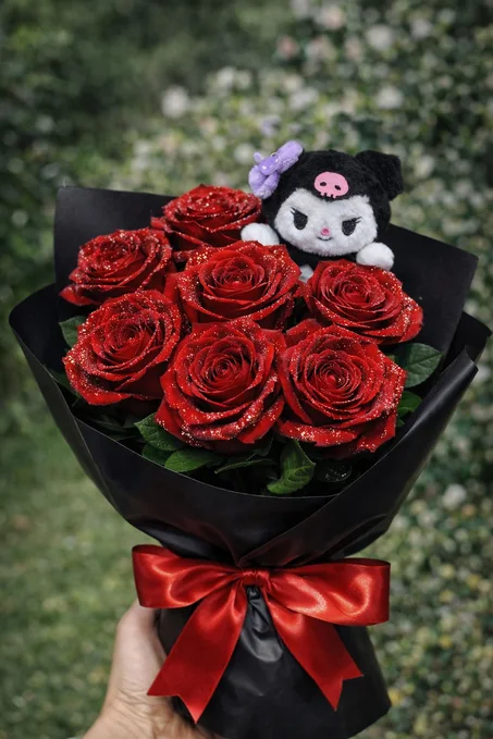 Bouquet de 7 fleurs avec peluche cadeau 7 ورود للبنات مع دمية هدية