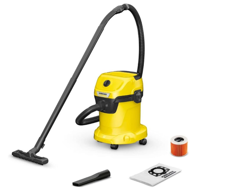 مكنسة كهربائية WD3 V للاستخدام الرطب والجاف من كارتشر، 1000 واط، حاوية سعة 17 لتر، خرطوم شفط 2 متر، وظيفة المنفاخ، أصفر