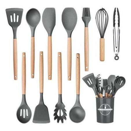 طقم سيليكون 12 قطعة بمقبض خشبي