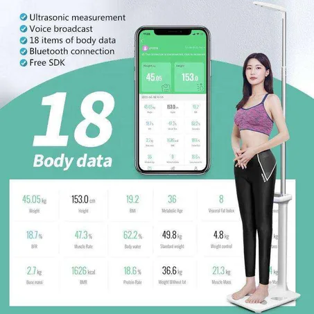 Balance Médicale Intelligente 2 en 1 – Poids + Taille + Analyse Complète