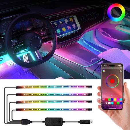 Luces interiores inteligentes para automóvil, luces LED para interior con efecto arcoíris, 8 modos de música dinámicos, 256 efectos de iluminación y 16 millones de colores, tira de luces LED 