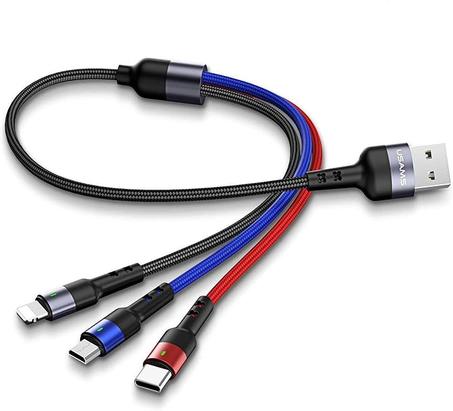 USAMS Cable USB múltiple de 1 pie, paquete de 2 cables de carga cortos 3 en 1, adaptador trenzado de nailon con conectores de puerto micro USB tipo C para teléfonos celulares y más
