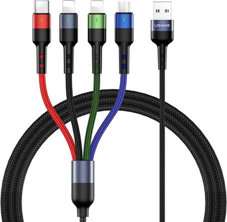 USAMS Paquete de 2 cables de carga múltiple de 4 pies 4 en 1 de nailon trenzado USB, adaptador de cable de carga rápida tipo C, micro puerto, compatible con teléfonos celulares, tabletas y má