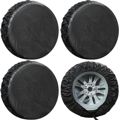 Season Guard Paquete de 4 fundas para neumáticos, protectores de ruedas resistentes para camiones, SUV, remolques, cámper, RV, cubierta de fibra de carbono para neumáticos de repuesto, protec