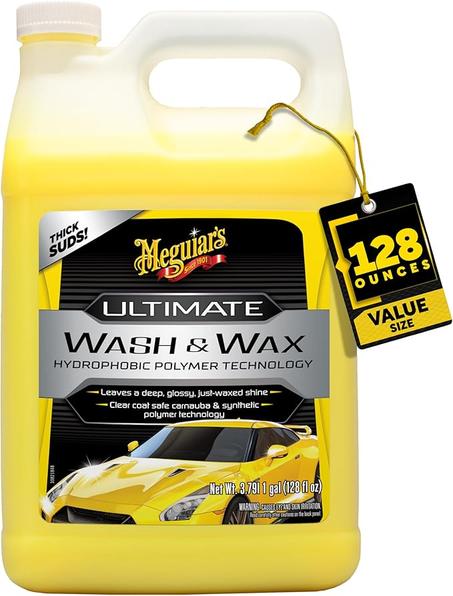 Meguiar's Lavado y cera definitivo, lavado de autos y cera limpia y brilla en un solo paso, lava, brilla y protege con un limpiador de pintura de coche de pH neutro mejorado, 1 galón