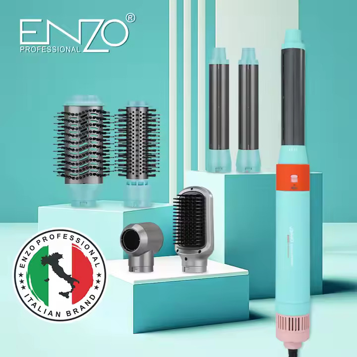 مكواة فرد الشعر الكهربائية الجديدة من ENZO 2025، مجفف شعر بفرشاة هواء ساخن، 6 في 1، مجفف شعر بقوة 1000 واط، مجموعة أدوات تصفيف الشعر