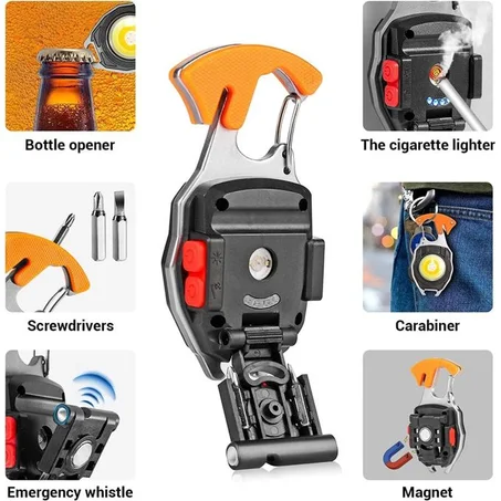 مصباح سلسلة مفاتيح متعدد الوظائف، مطرقة لكسر النوافذ، مصباح يدوي صغير بتقنية LED، مفك براغي للتخييم في الهواء الطلق، مصباح عمل للطوارئ