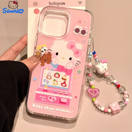 Cute Hello Kitty iPhone Case – Pink Kawaii Claw Machine Design with Beaded Charm 💖📱🎀
