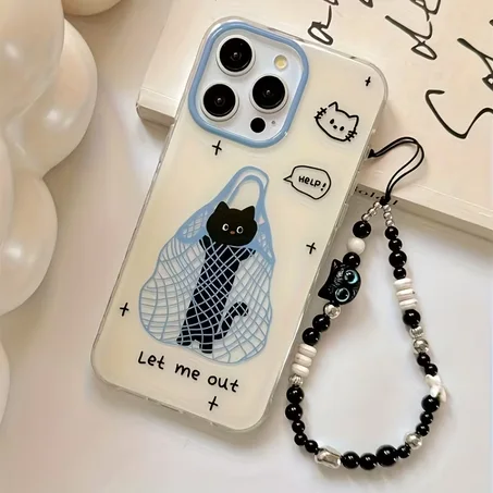 Cute Black Cat iPhone Case – Kawaii “Let Me Out” Design with Beaded Strap 💙📱 🐈‍⬛