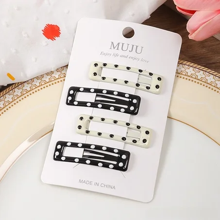 ✨​🤍🖤​Set de 4 pinces à franges latérales bicolore noir blanc "Rectangle"​✨​​🤍 🖤