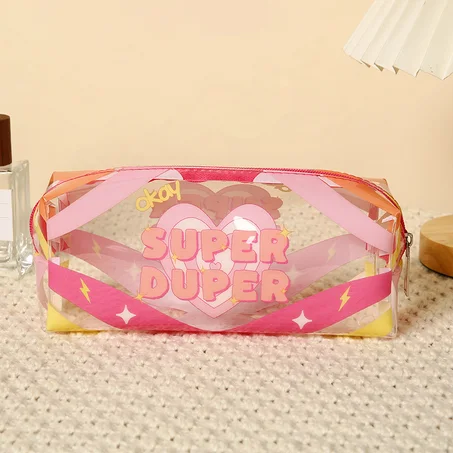 😎​🩷​💛​💫​Trousse de rangements transparente en PVC imprimée "Super Duper"🧁​🍋🩷​💛​💫