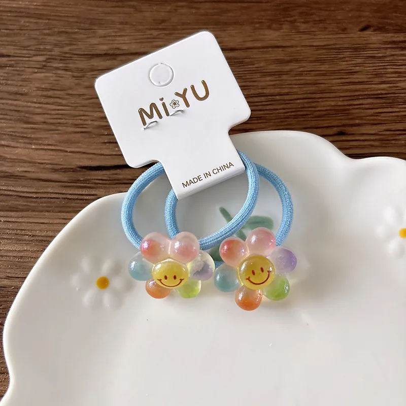 ✨​🩵​🪷Pack de 2 élastiques bleu ciel avec ornement motif « Fleurs et Smiley »✨​🩵​🪷