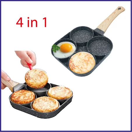 Poêle à omelette antiadhésive 🥰, 4 trous, pour hamburger, œufs, crêpes au jambon.