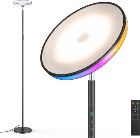 UFO - Lámpara de pie LED Torchiere con luz ambiental RGB, 42 W, 3700 lúmenes, lámpara de cielo regulable brillante, lámpara de pie alta de 71 pulgadas con control táctil remoto y temporizador