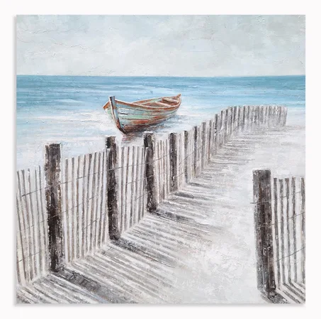 Yihui Arts Arte de Lienzo de Playa para Pared - Barco Azul Gris Obra de Arte Cuadrada Costera Náutica Pintura para Decoración Moderna del Hogar