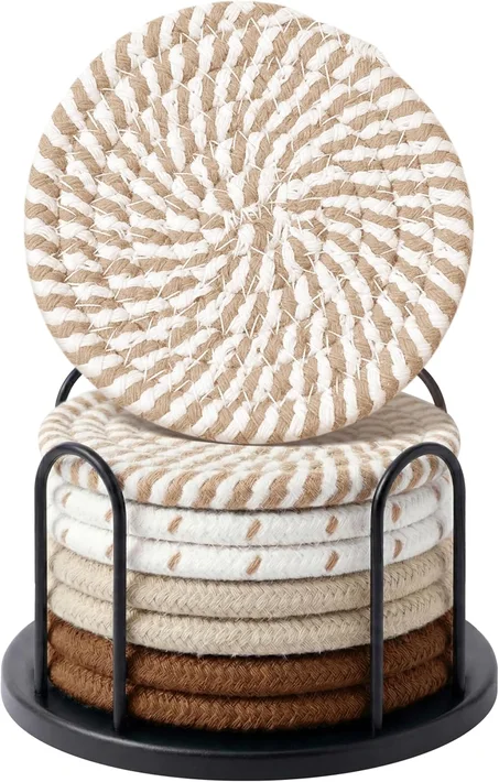 Lazebox Juego de 8 posavasos para bebidas, cerveza, café, algodón tejido de 4 colores absorbentes con soporte, posavasos bohemios para decoración del hogar, protección de mesa adecuados para 