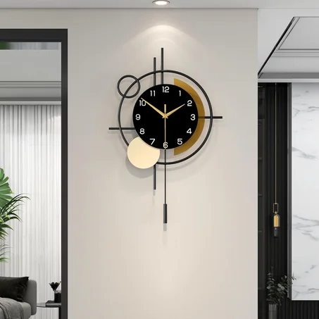 Reloj de pared para decoración de sala de estar, reloj de pared decorativo con péndulo de cuarzo silencioso, funciona con pilas, reloj grande de metal negro para comedor, cocina, hogar, baño