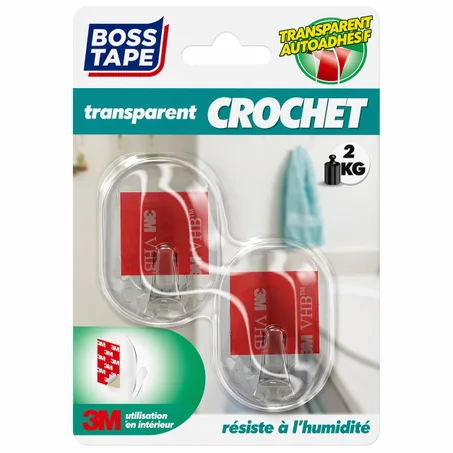 Crochet Mural BOSS TAPE Transparent 33mmx44mm (2pcs) – Sans Perçage