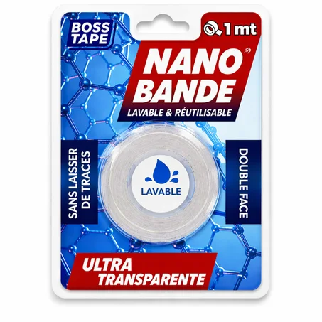 Nano Ruban Adhésif Double Face BOSS TAPE Transparent 19mm x 1m - Lavable Réutilisable