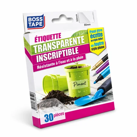 Étiquettes Transparentes Amovibles BOSS TAPE 50×80 mm – 30 Pièces