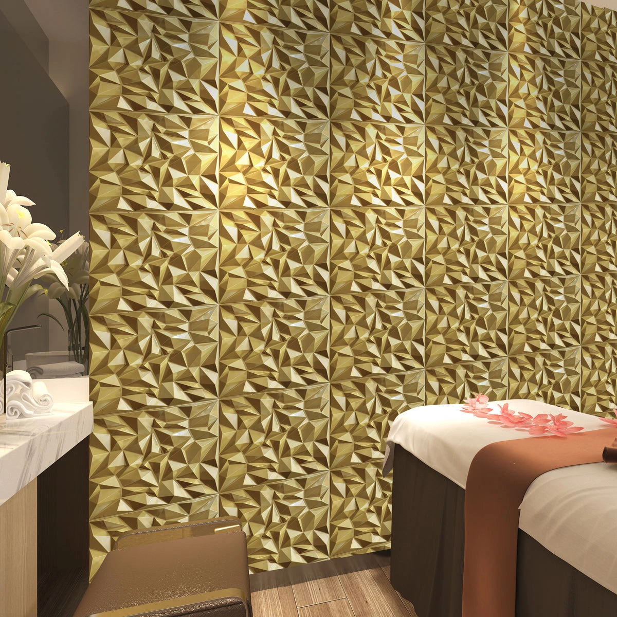 Panneaux 3D PVC 50cm*50cm – اللون الذهبي الفاخر