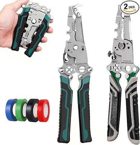 Pelacables plegable 18 en 1, 2 piezas multifuncionales profesionales para electricista, herramienta para cortar, pelar, torcer cables herramienta de prensado con 4 rollos de cinta eléctrica d