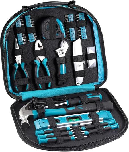 Kit de herramientas multiusos con bolsa redonda compacta, 164 piezas, azul transparente de 12 x 11.4 x 2 pulgadas