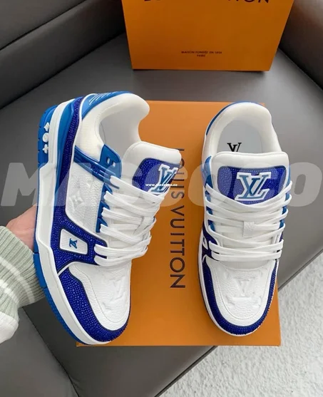 Sneakers Trainer de Luxe – Blanc et Bleu Strass