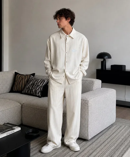 ENSEMBLE COMPLET PANTALON CRÈME À RAYURES FINES