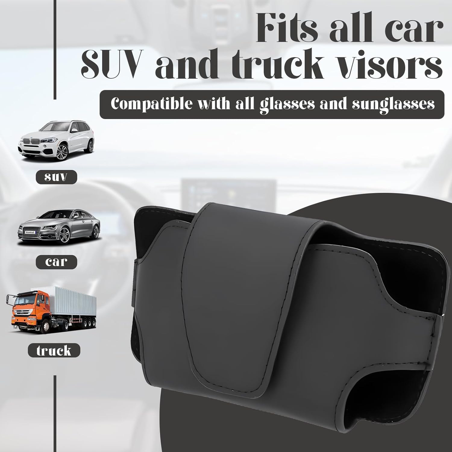 حامل نظارات للسيارة مع إغلاق مغناطيسي – تثبيت آمن على الشمسية (جلد PU)