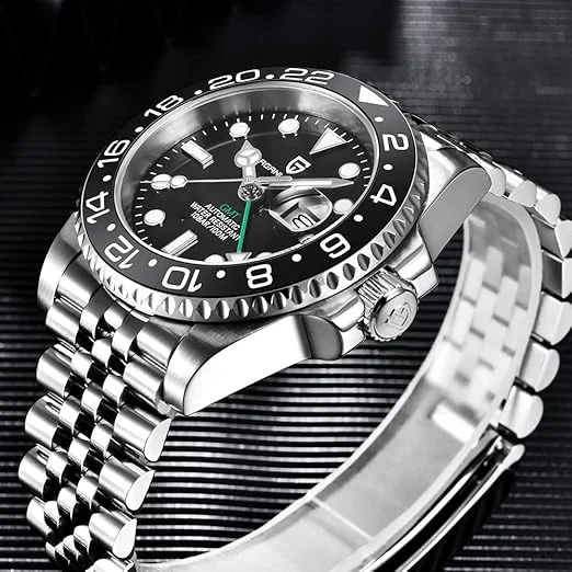 Pagani Design Montre mécanique de luxe pour homme en acier inoxydable GMT avec verre saphir, Jubilee Full Black