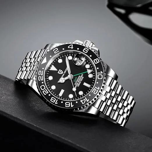 Pagani Design Montre mécanique de luxe pour homme en acier inoxydable GMT avec verre saphir, Jubilee Full Black