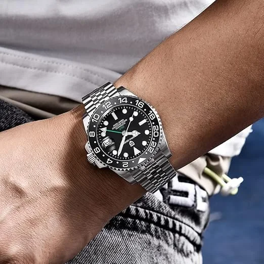 Pagani Design Montre mécanique de luxe pour homme en acier inoxydable GMT avec verre saphir, Jubilee Full Black