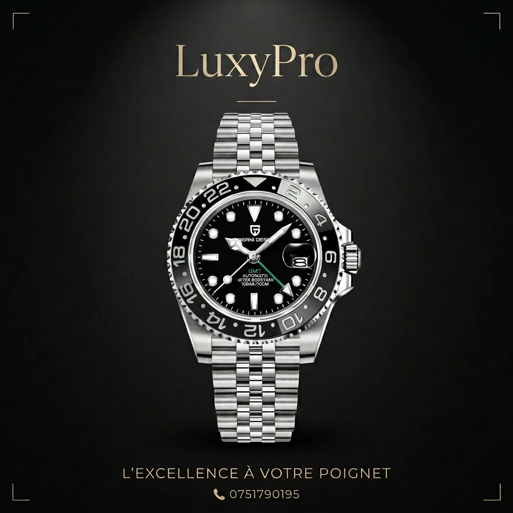 Pagani Design Montre mécanique de luxe pour homme en acier inoxydable GMT avec verre saphir, Jubilee Full Black