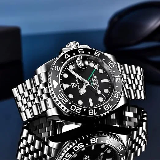 Pagani Design Montre mécanique de luxe pour homme en acier inoxydable GMT avec verre saphir, Jubilee Full Black