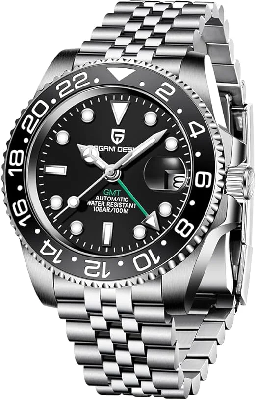 Pagani Design Montre mécanique de luxe pour homme en acier inoxydable GMT avec verre saphir, Jubilee Full Black