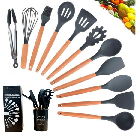 12 قطعة ديال أدوات المطبخ من السيليكون والخشب معتمدة