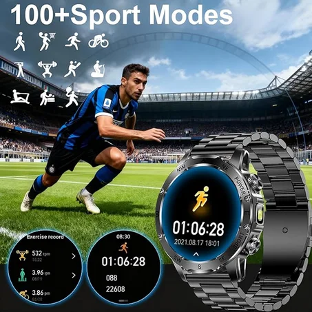 ساعة ذكية للرجال مع مصباح يدوي، مكالمات بلوتوث، اكثر من 100 وضع رياضي، 800mAh، جهاز تتبع اللياقة البدنية مقاوم للماء IPX8 للتمرين، متوافقة مع iOS اندرويد، هدية للرجال (اسود ستيل)